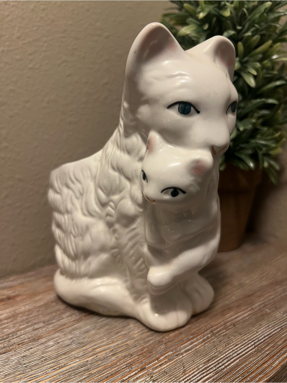 White Ceramic Mama Cat with Kitten Planter